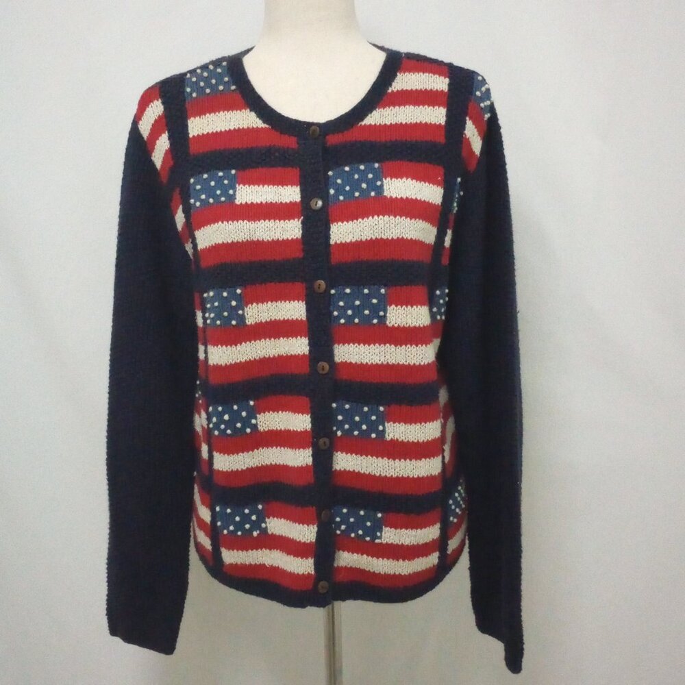 Hand Knit American Flag Cardigan Sweater sz M Cotton Linen
